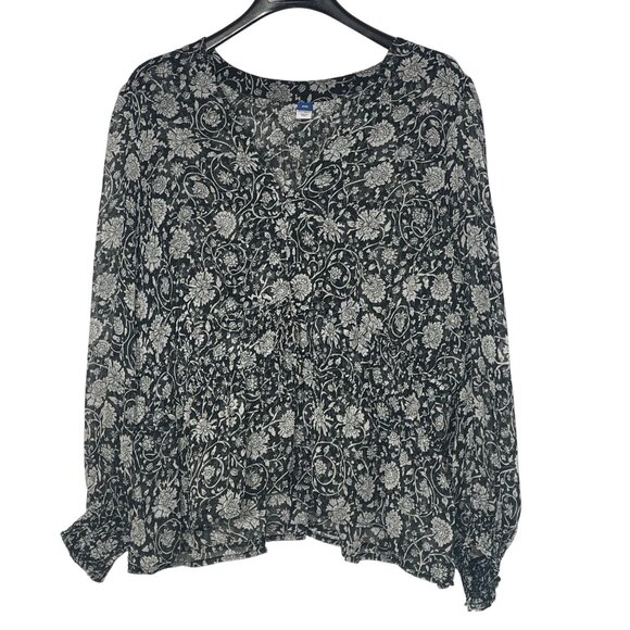 Old Navy Dark Floral Peplum Top Blouse Sz XXL Smocked Sheer Boho - Picture 1 of 8
